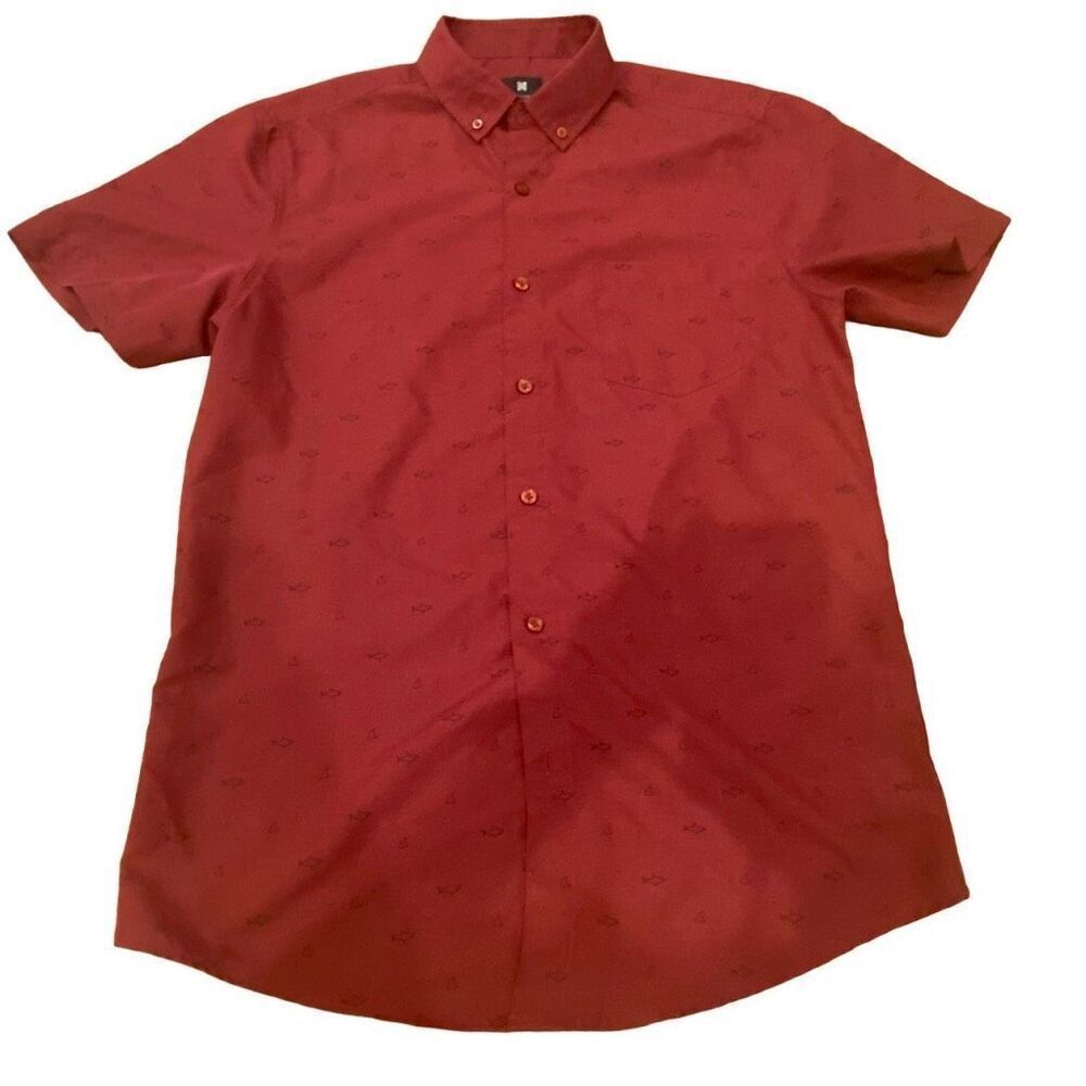 Mens Visive Casual Dress Shirt Burgundy Rust Fish Pattern Button Down Size Mediu